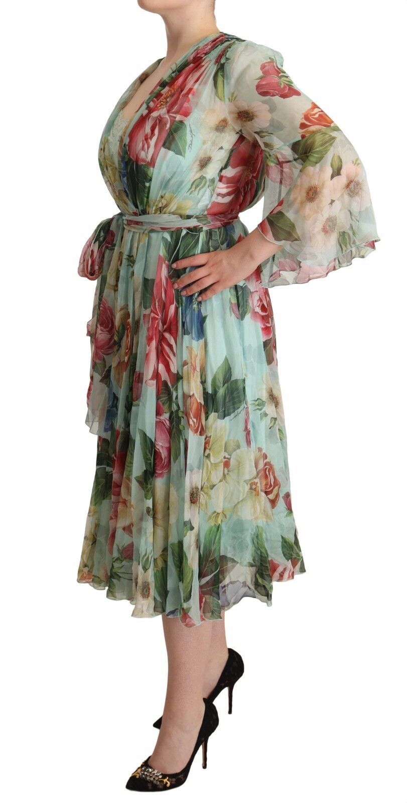Robe midi Dolce & Gabbana col V manches longues florale verte