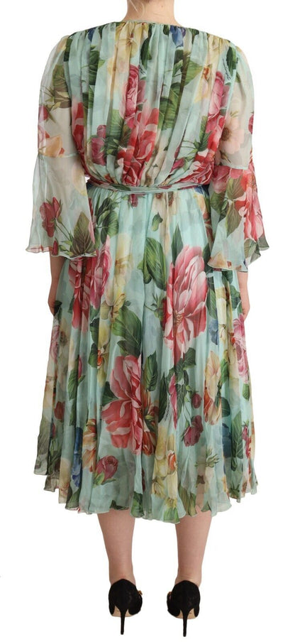 Robe midi Dolce & Gabbana col V manches longues florale verte