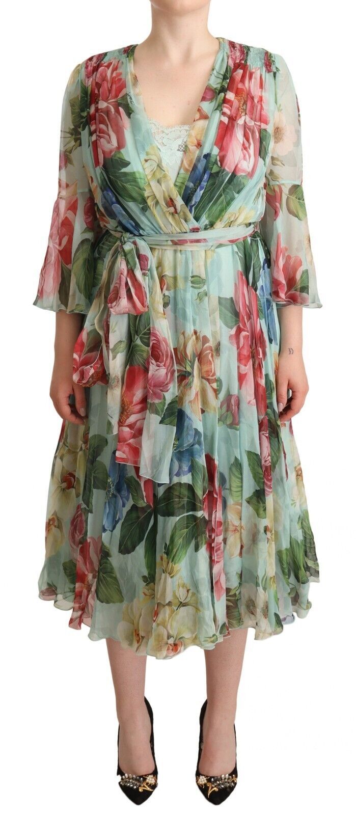 Robe midi Dolce & Gabbana col V manches longues florale verte