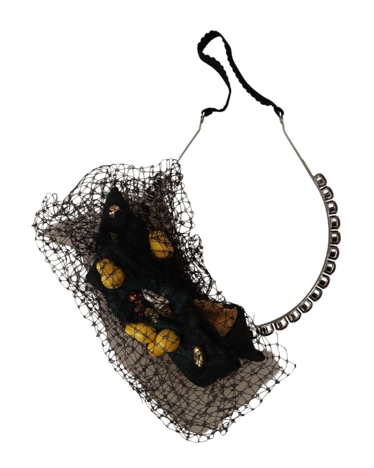 Diadème Dolce & Gabbana en argent avec cristaux, fruits et résille noire