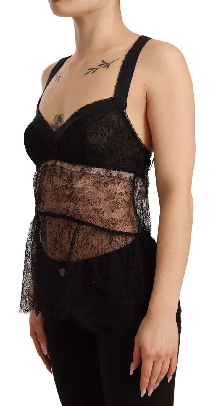 Dolce & Gabbana Top Lencero Tipo Babydoll Negro de Seda con Encaje y Nylon
