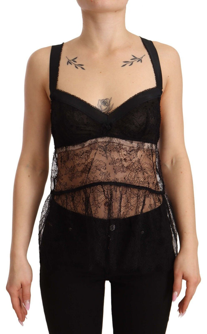 Dolce & Gabbana Top Lencero Tipo Babydoll Negro de Seda con Encaje y Nylon