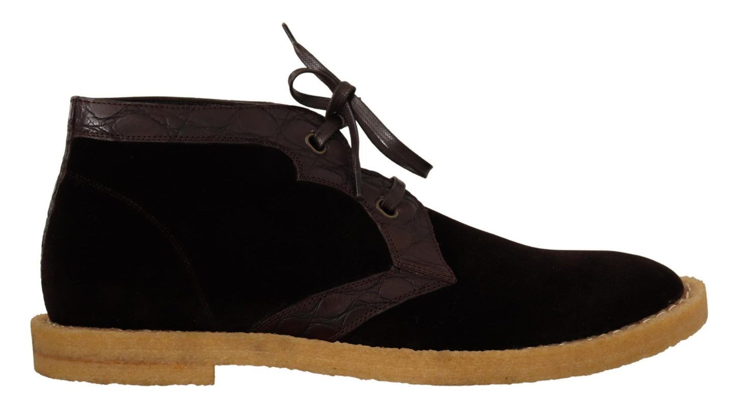 Bottes en cuir exotique et velours marron Dolce & Gabbana