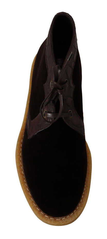 Bottes en cuir exotique et velours marron Dolce & Gabbana