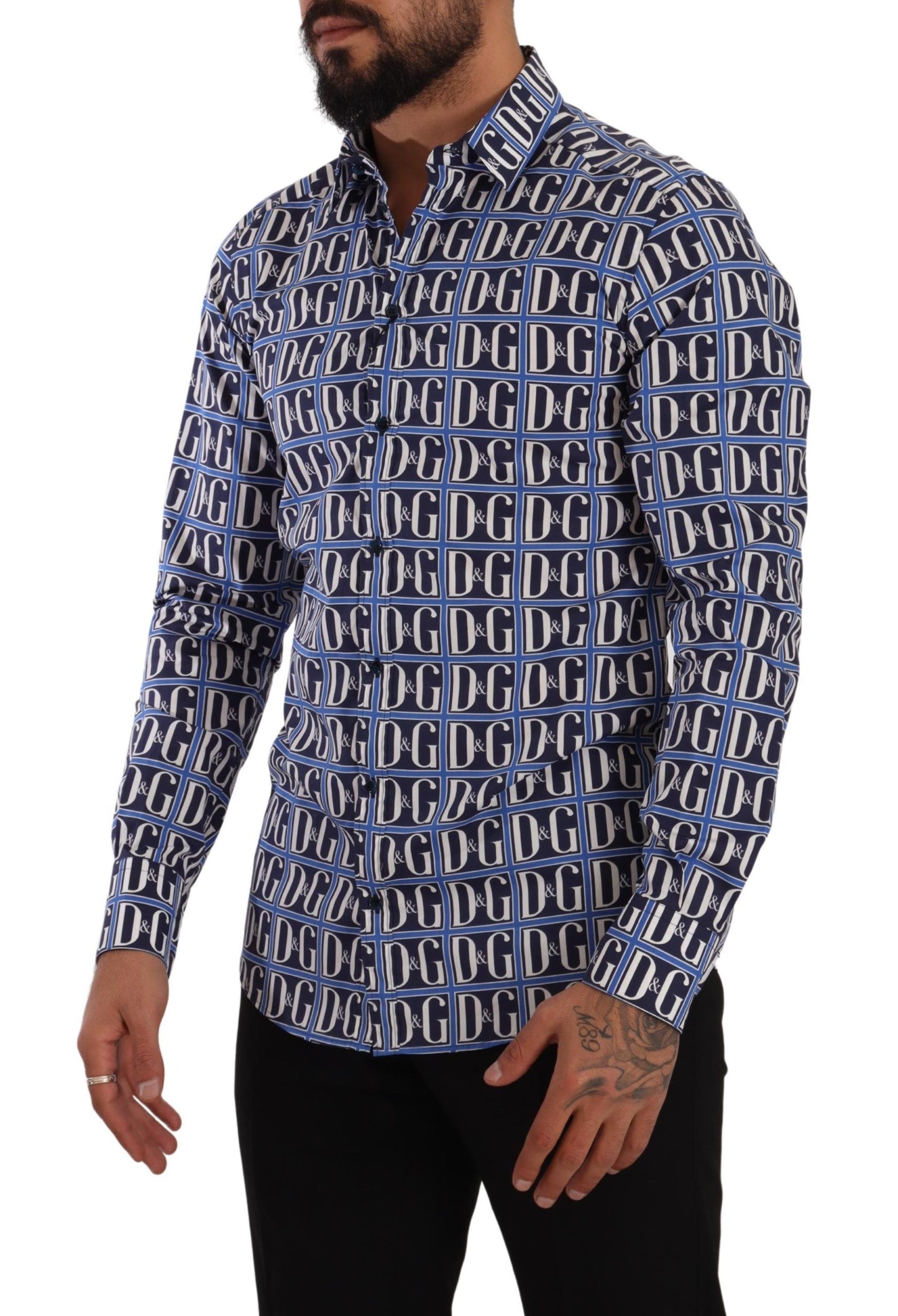 Chemise en coton ajustée Logo Mania bleue Dolce & Gabbana