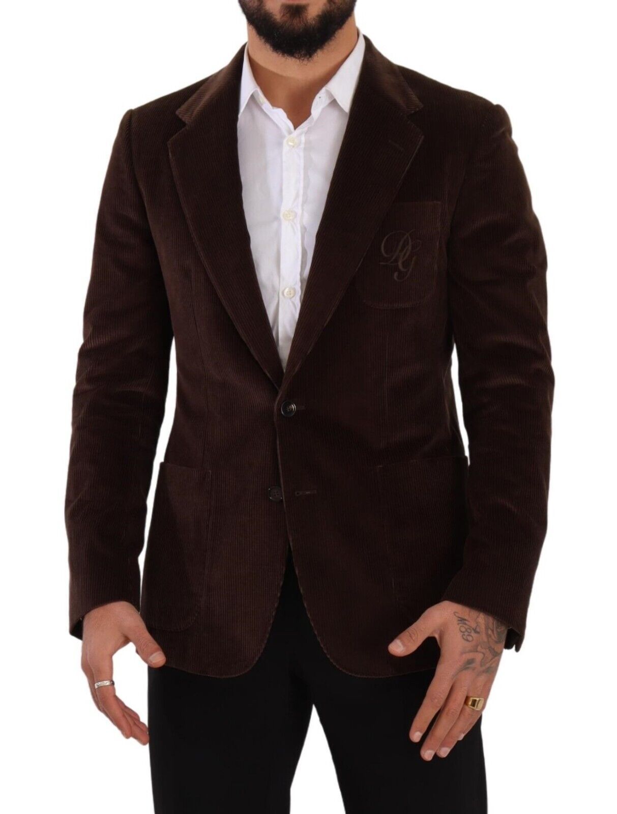 Blazer slim en velours côtelé marron Dolce & Gabbana avec logo DG