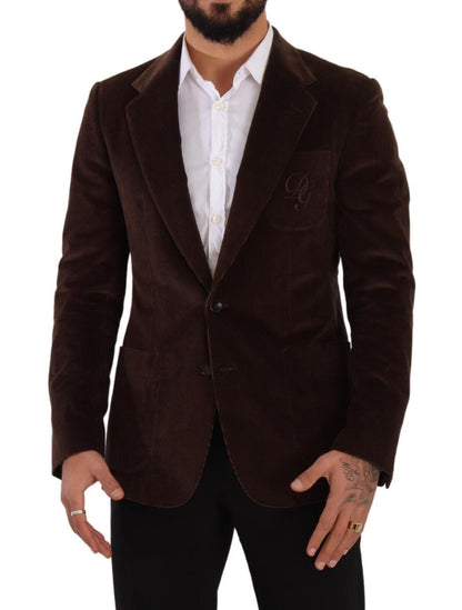 Blazer slim en velours côtelé marron Dolce & Gabbana avec logo DG
