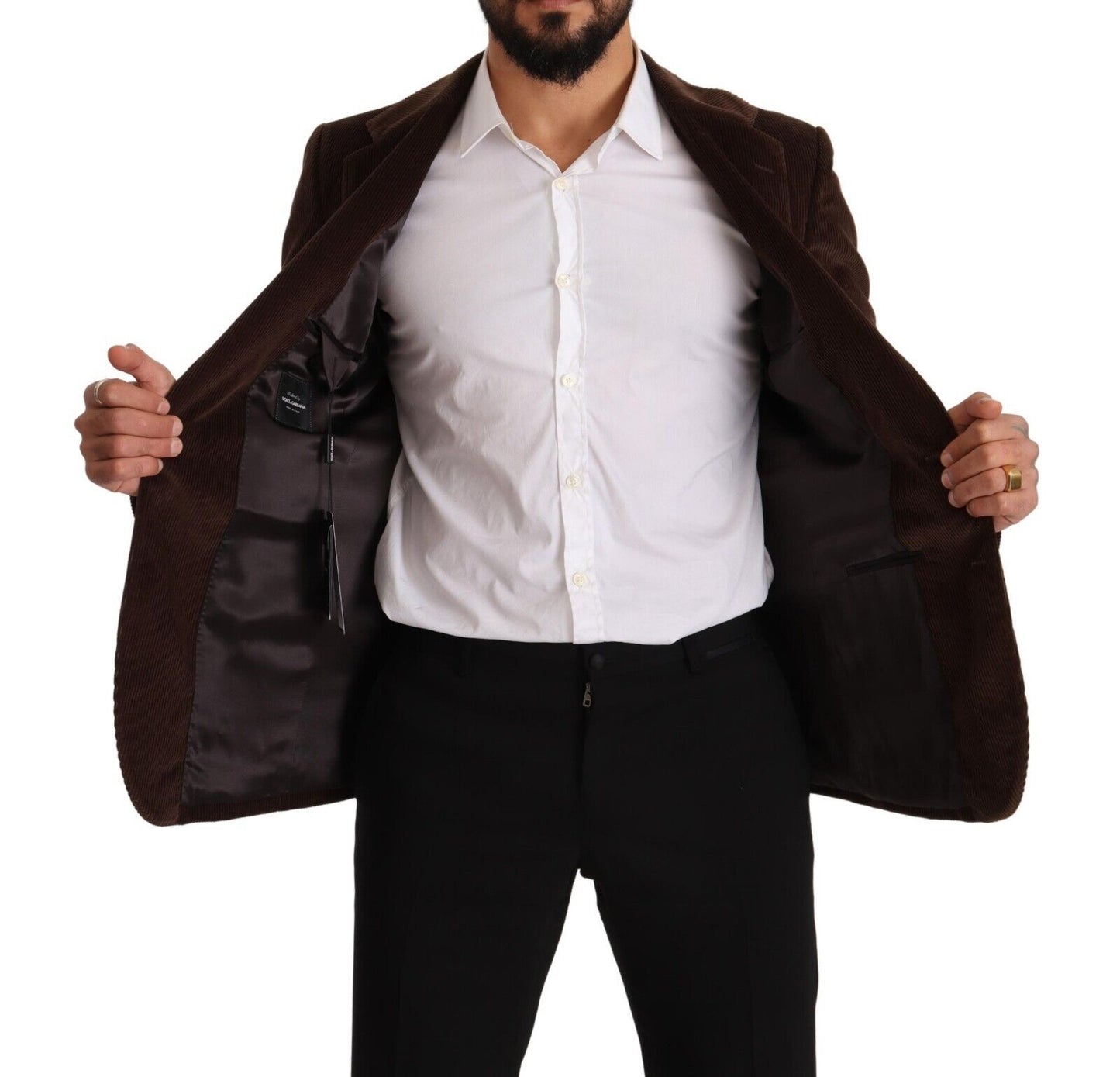 Blazer slim en velours côtelé marron Dolce & Gabbana avec logo DG