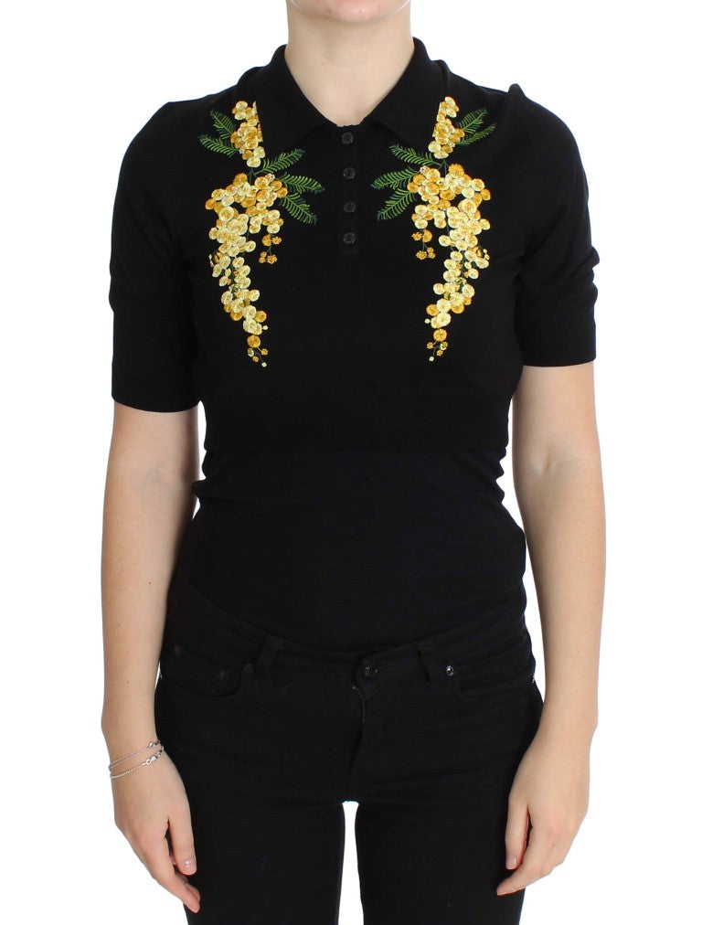 Polo en Soie Noire Brodé Floral Dolce & Gabbana