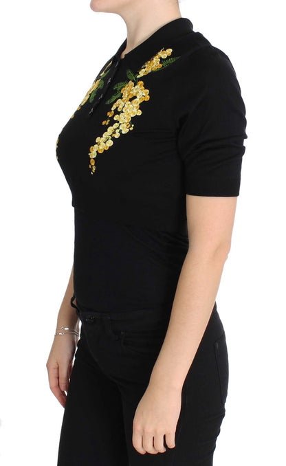 Polo en Soie Noire Brodé Floral Dolce & Gabbana