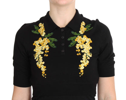 Polo en Soie Noire Brodé Floral Dolce & Gabbana