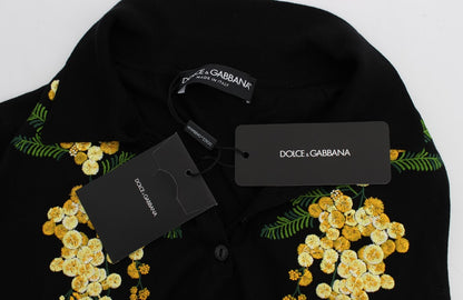Polo en Soie Noire Brodé Floral Dolce & Gabbana