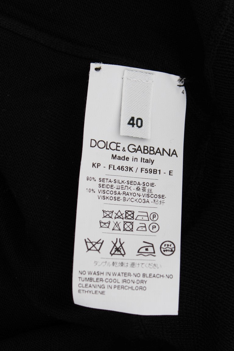 Polo en Soie Noire Brodé Floral Dolce & Gabbana