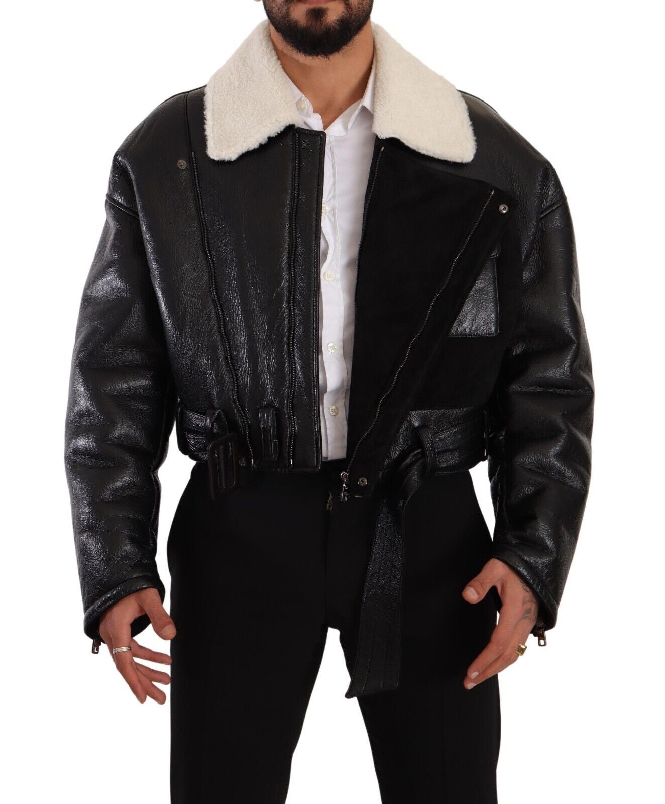 Dolce & Gabbana Chaqueta de motorista de piel de oveja negra