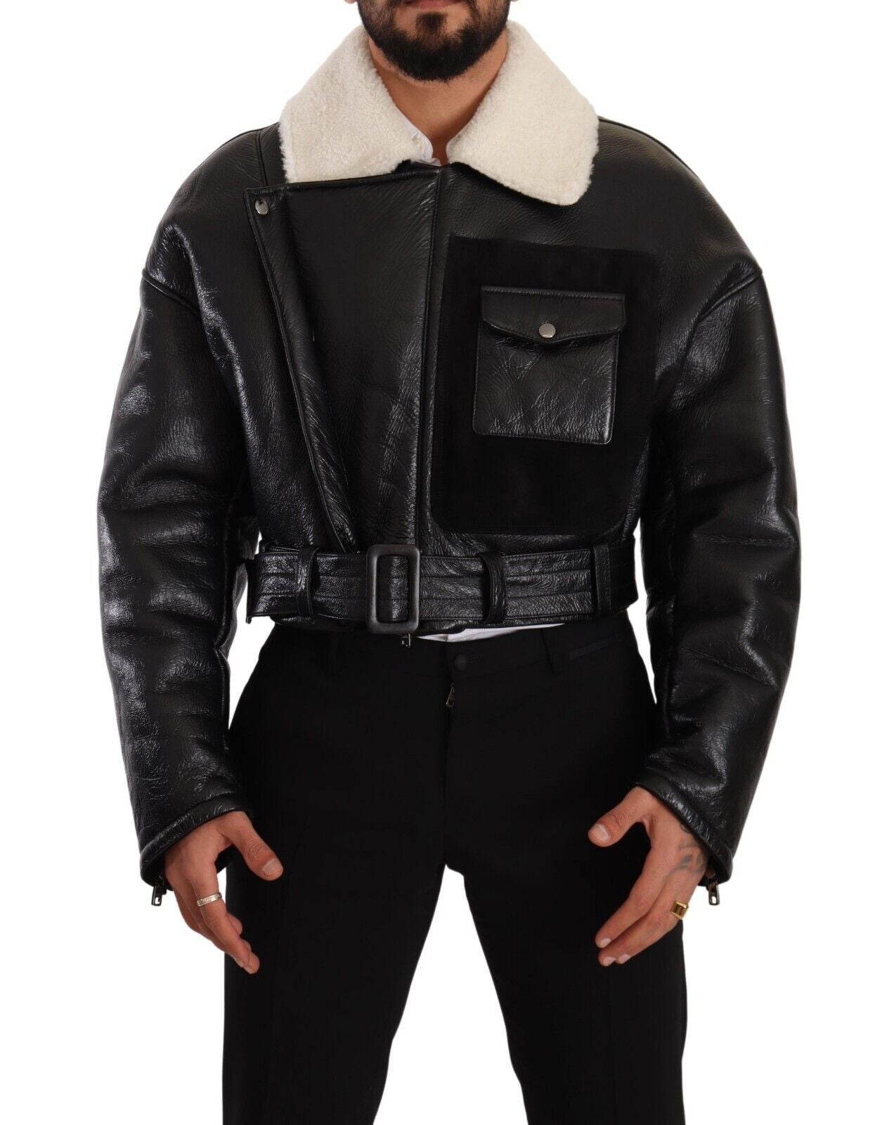 Dolce & Gabbana Chaqueta de motorista de piel de oveja negra