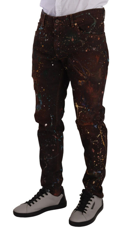 Jeans en jean de coton coupe droite Dolce & Gabbana marron effet éclaboussures de peinture