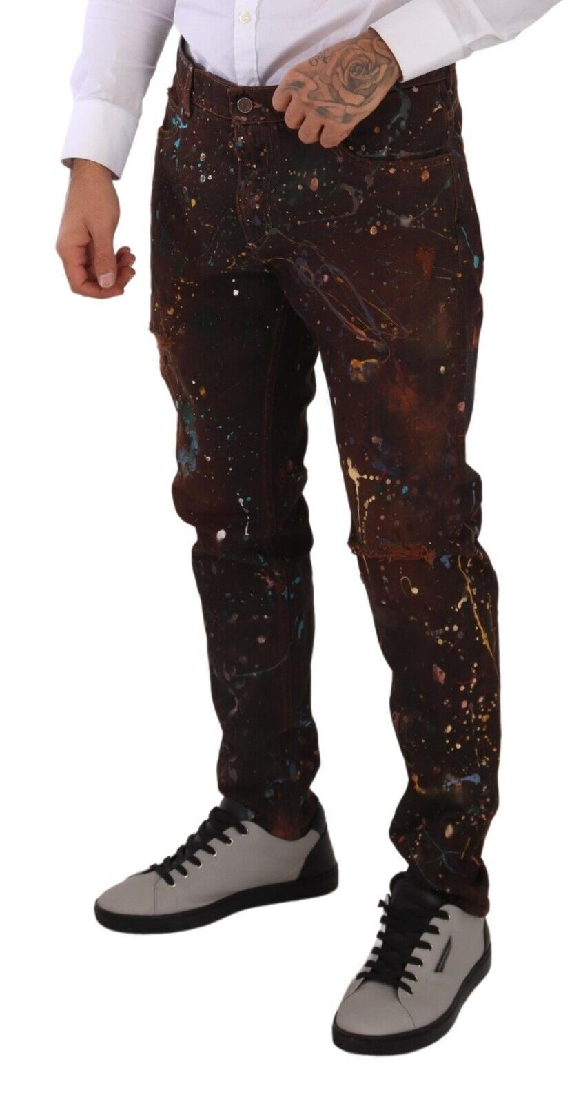 Jeans en jean de coton coupe droite Dolce & Gabbana marron effet éclaboussures de peinture