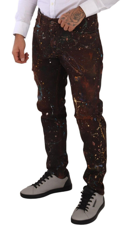 Jeans en jean de coton coupe droite Dolce & Gabbana marron effet éclaboussures de peinture