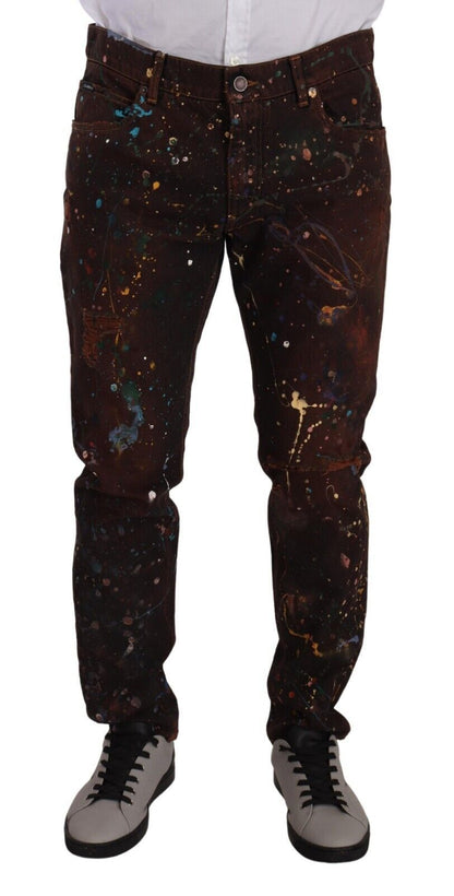 Jeans en jean de coton coupe droite Dolce & Gabbana marron effet éclaboussures de peinture