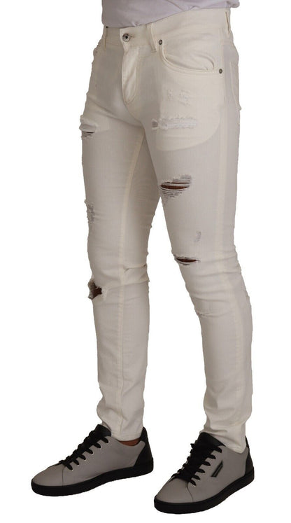 Jean skinny en denim de coton déchiré blanc Dolce & Gabbana pour homme