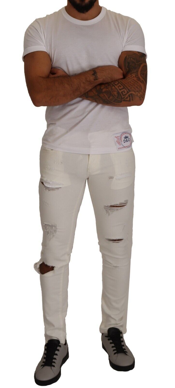 Jean skinny en denim de coton déchiré blanc Dolce & Gabbana pour homme