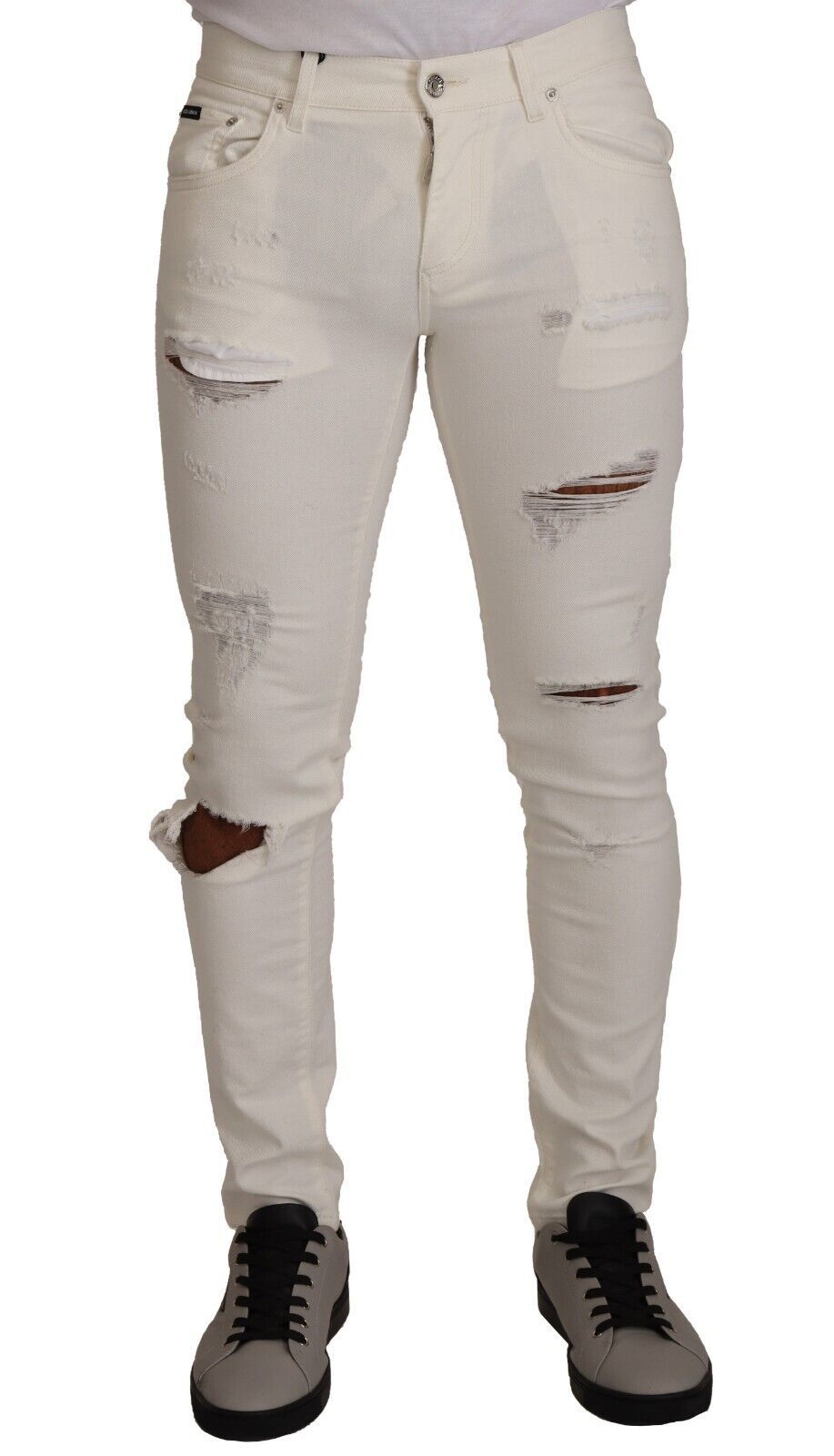 Jean skinny en denim de coton déchiré blanc Dolce & Gabbana pour homme