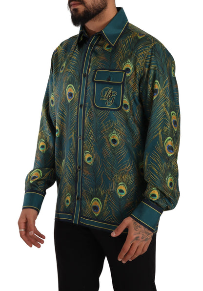 Chemise de pyjama homme en soie imprimé plumes de paon Dolce & Gabbana