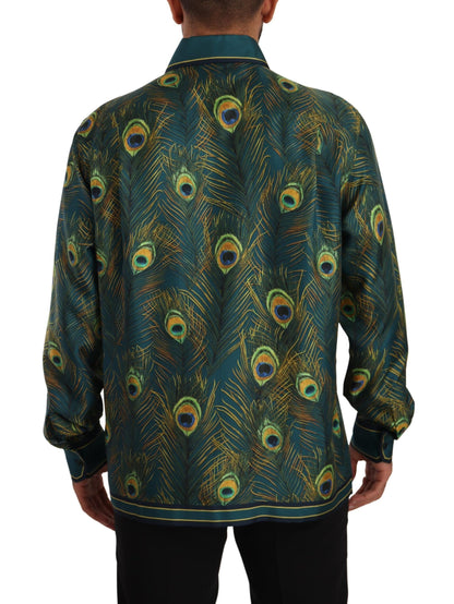 Chemise de pyjama homme en soie imprimé plumes de paon Dolce & Gabbana