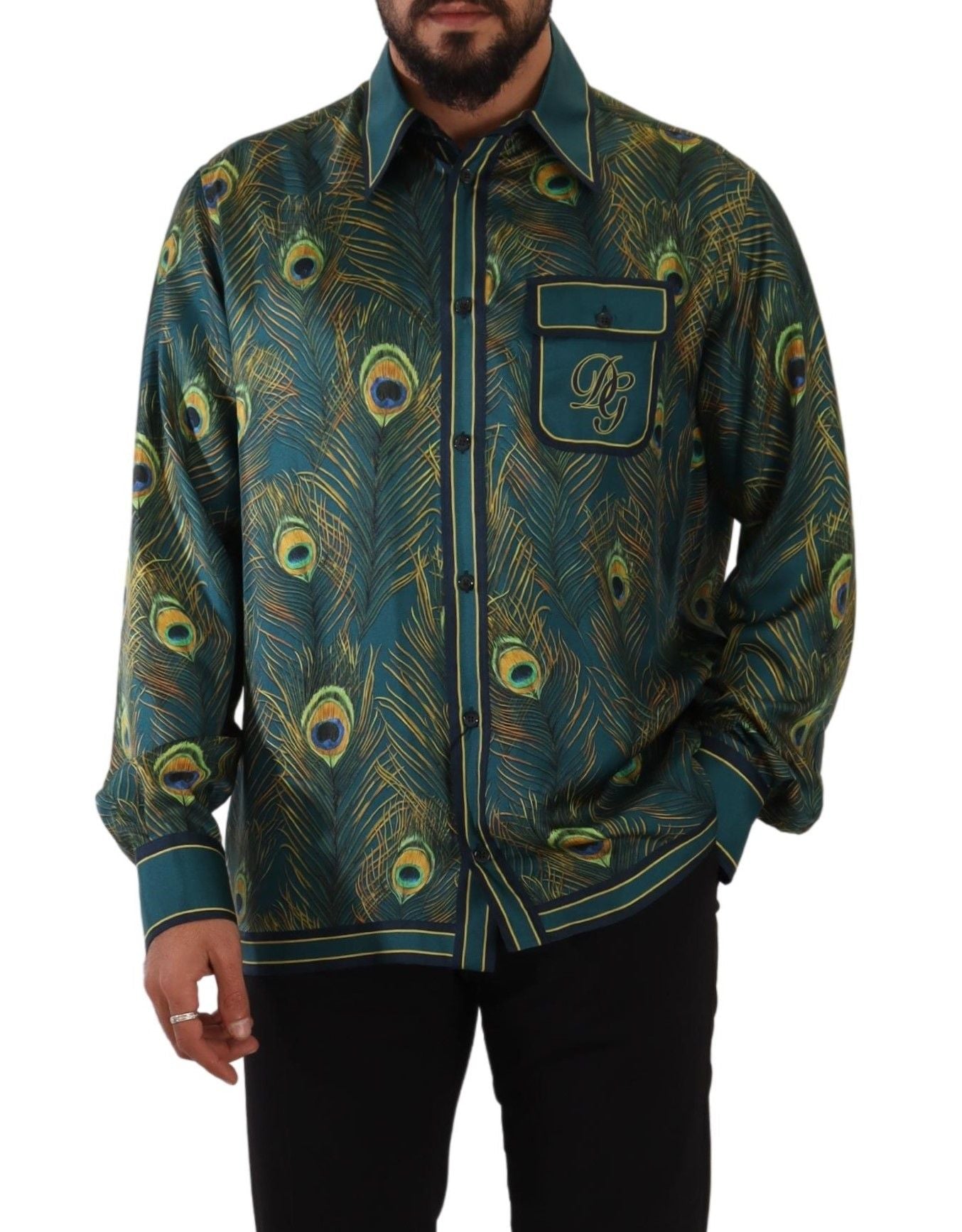 Chemise de pyjama homme en soie imprimé plumes de paon Dolce & Gabbana