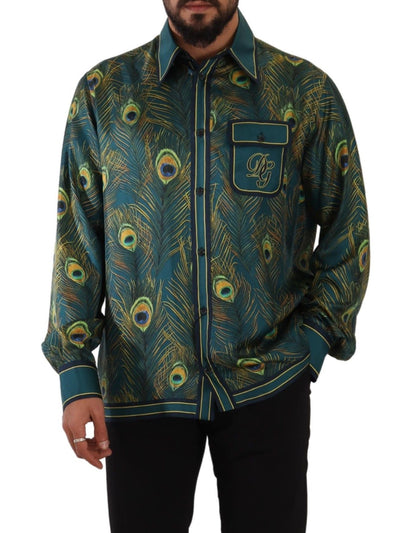 Chemise de pyjama homme en soie imprimé plumes de paon Dolce & Gabbana