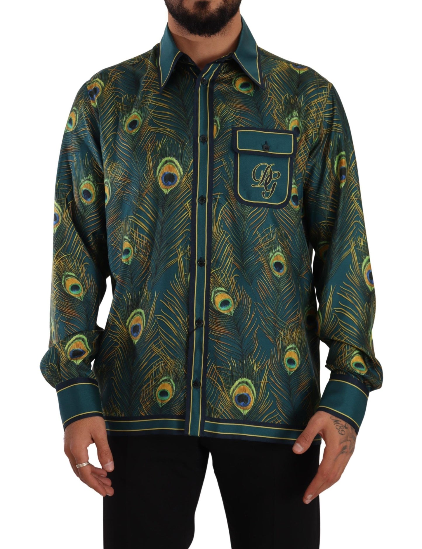 Chemise de pyjama homme en soie imprimé plumes de paon Dolce & Gabbana
