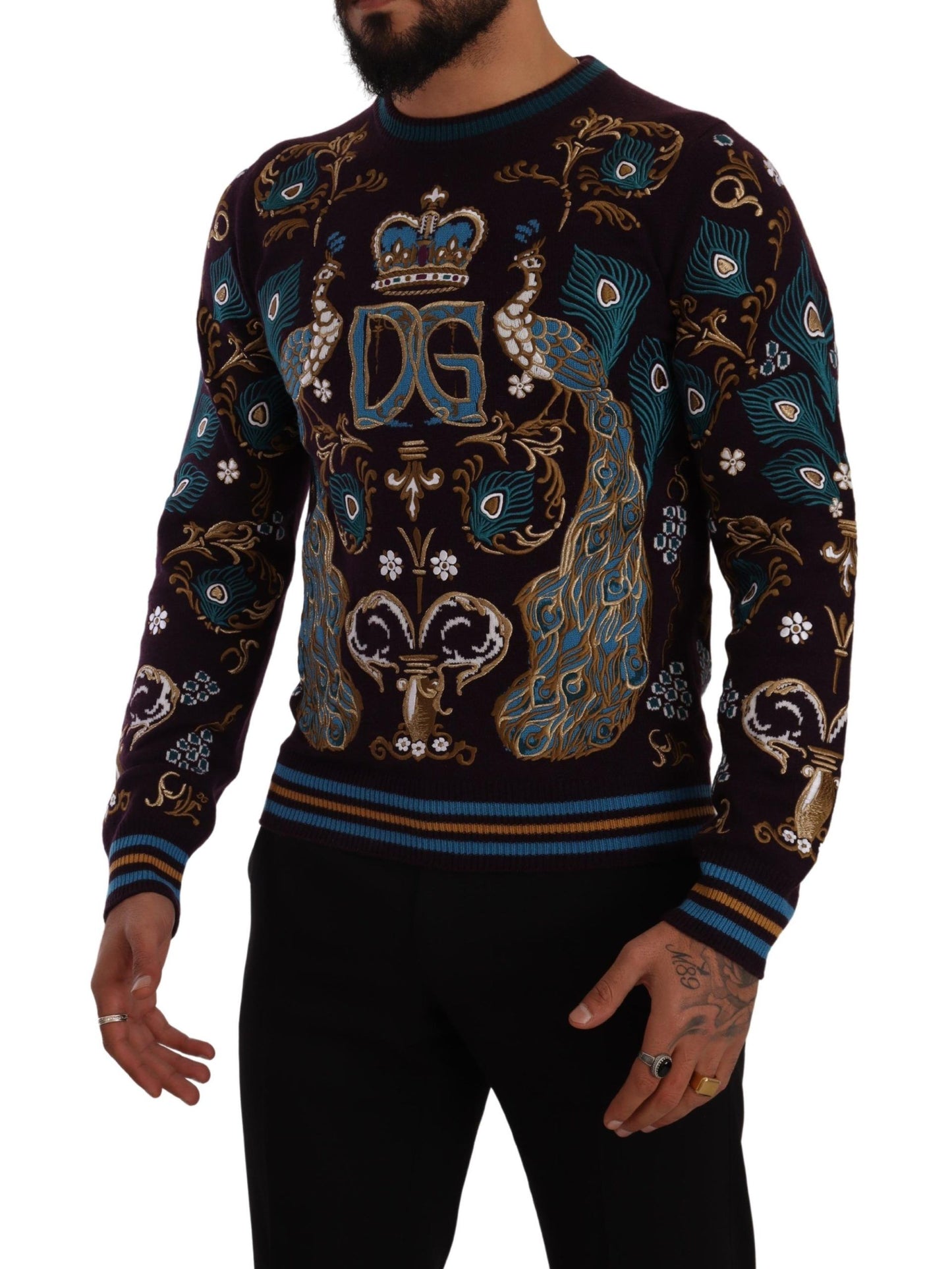 Pull brodé DG Crown en cachemire bordeaux Dolce & Gabbana