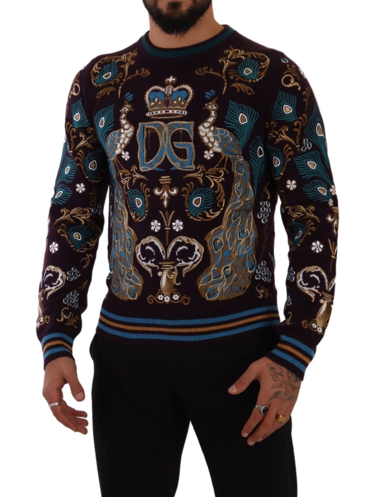 Pull brodé DG Crown en cachemire bordeaux Dolce & Gabbana