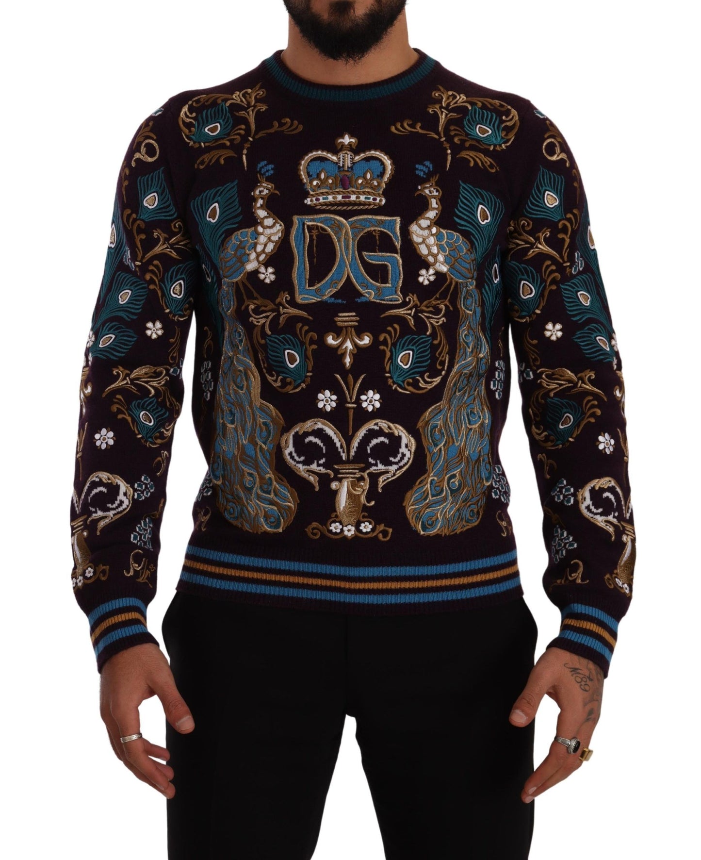Pull brodé DG Crown en cachemire bordeaux Dolce & Gabbana