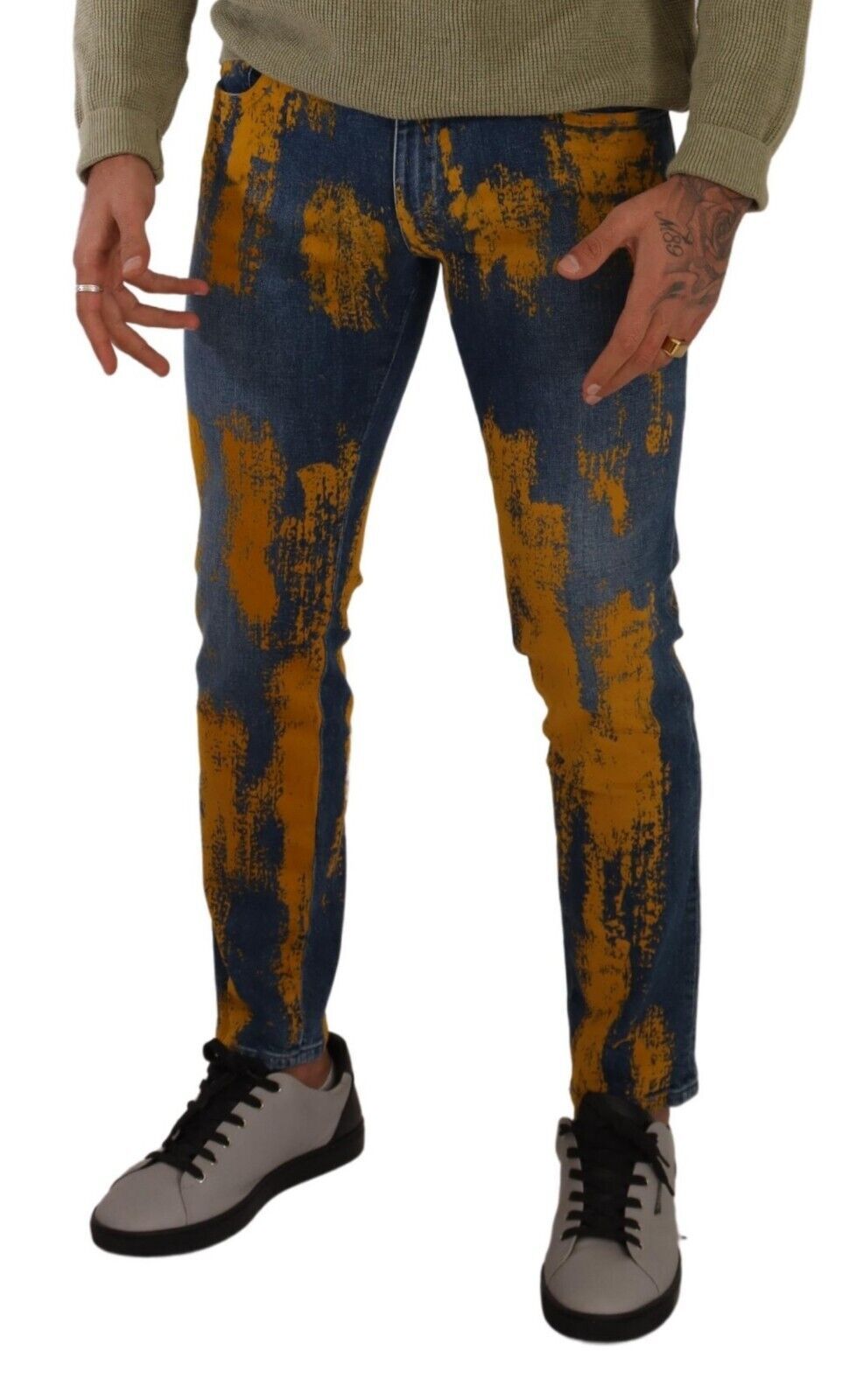 Jean Slim Homme en Denim de Coton Teint Bleu et Jaune Dolce & Gabbana