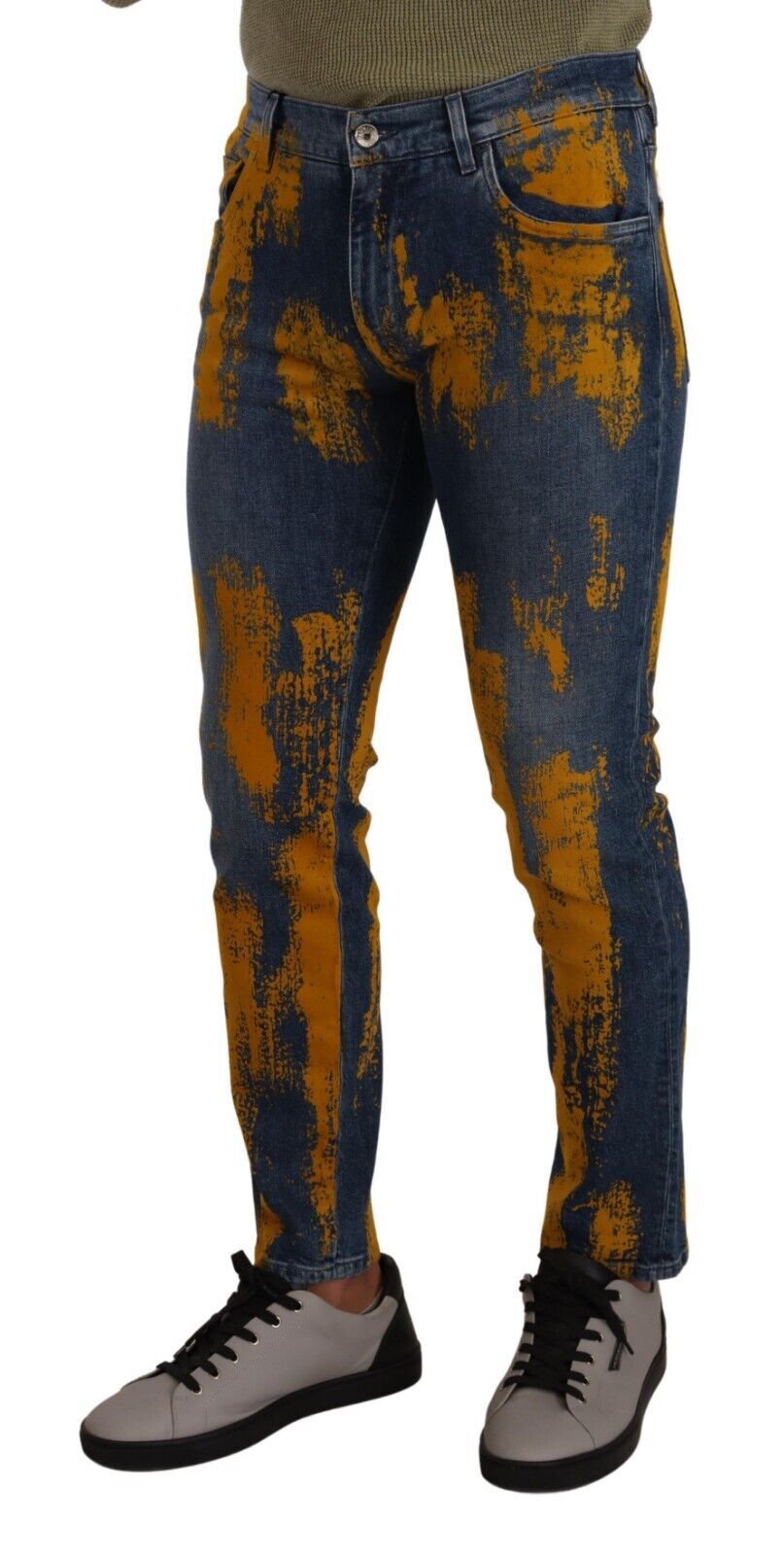 Jean Slim Homme en Denim de Coton Teint Bleu et Jaune Dolce & Gabbana