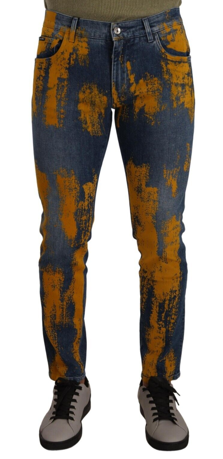 Jean Slim Homme en Denim de Coton Teint Bleu et Jaune Dolce & Gabbana