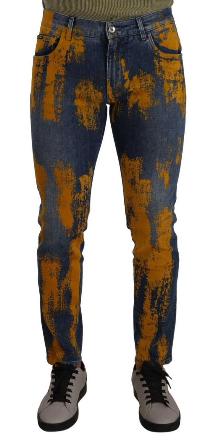 Jean Slim Homme en Denim de Coton Teint Bleu et Jaune Dolce & Gabbana