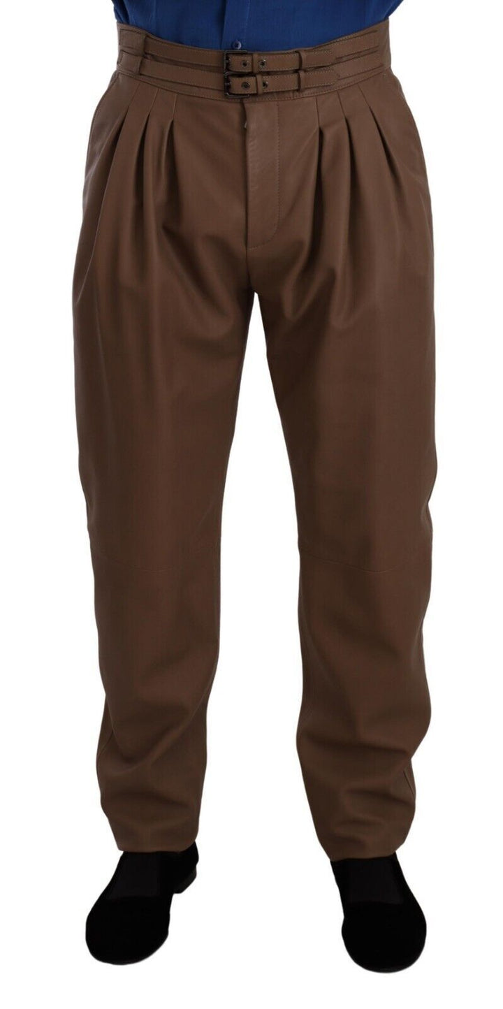 Pantalon taille haute effilé en cuir marron Dolce & Gabbana