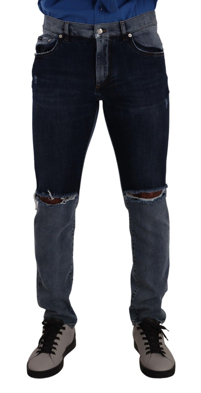 Jean slim en coton déchiré bicolore bleu Dolce & Gabbana