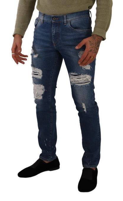 Jean slim en jean stretch en coton bleu délavé Dolce & Gabbana