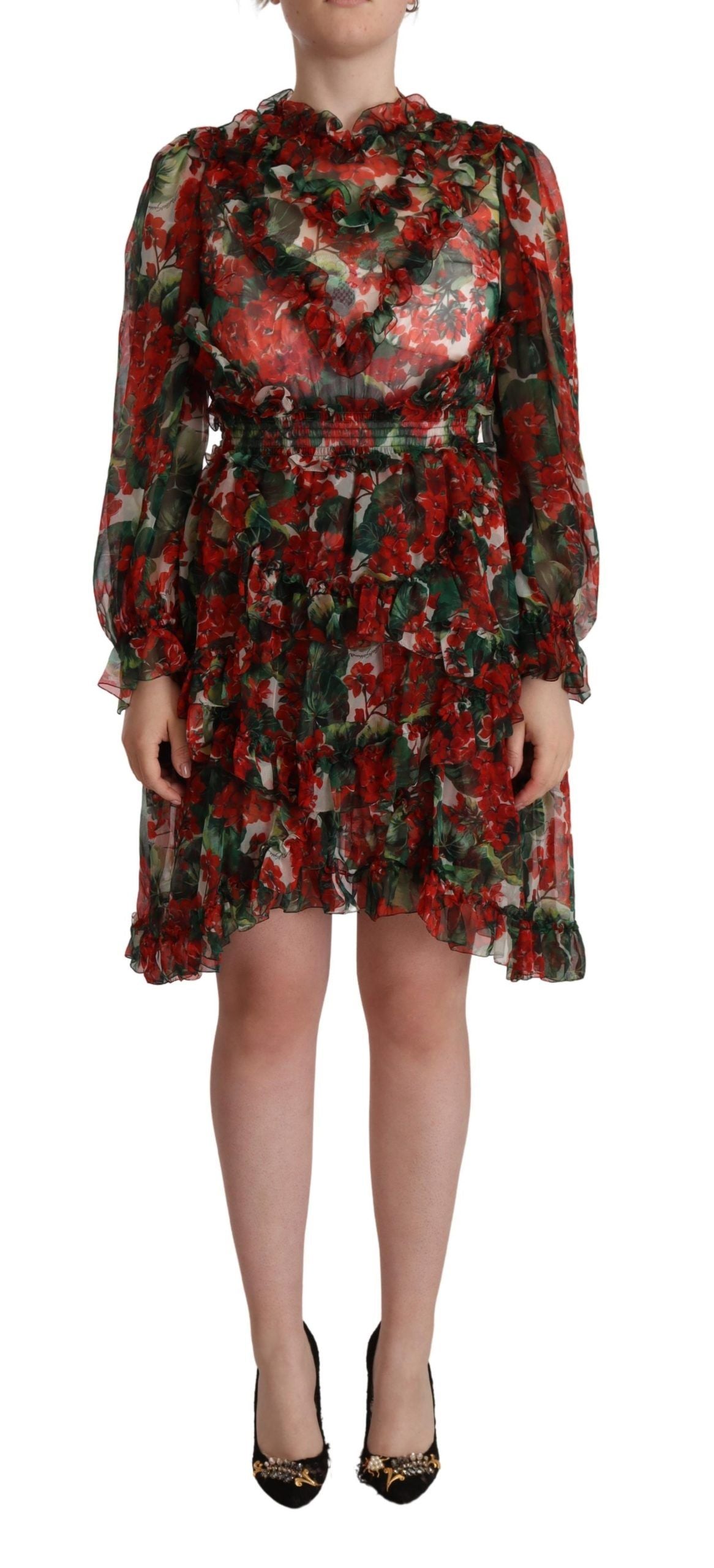 Robe longue maxi en soie à motif floral multicolore rouge Dolce & Gabbana