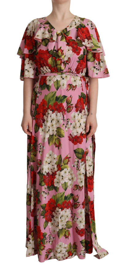 Robe longue en soie stretch à imprimé floral rose Dolce & Gabbana