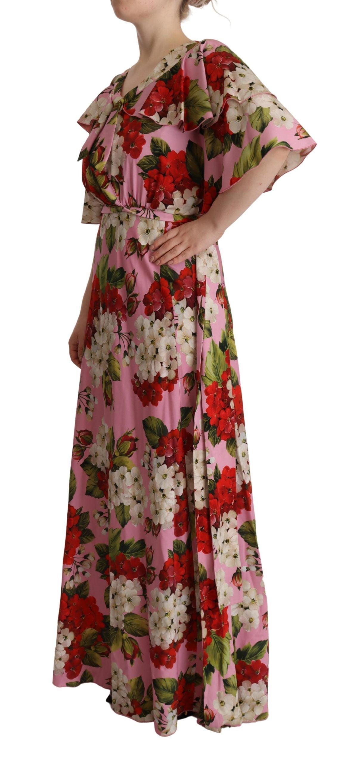 Robe longue en soie stretch à imprimé floral rose Dolce & Gabbana
