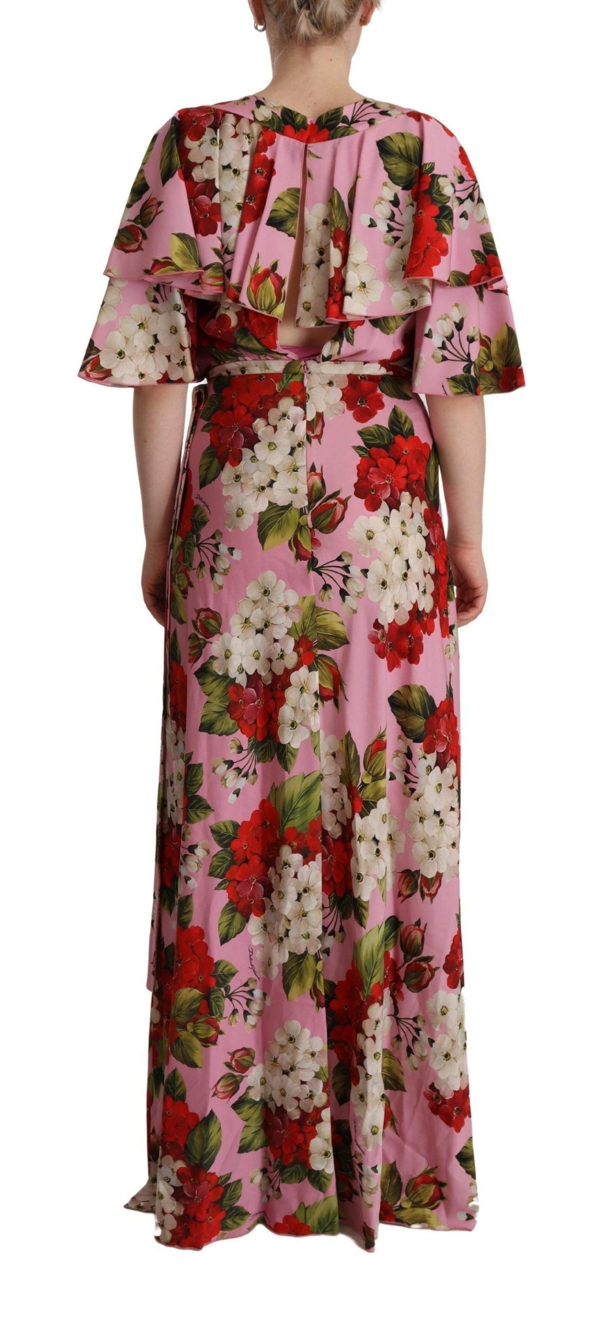 Robe longue en soie stretch à imprimé floral rose Dolce & Gabbana