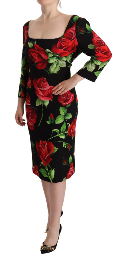 Robe Fourreau Dolce & Gabbana En Soie Stretch Noire Imprimé Roses Rouges