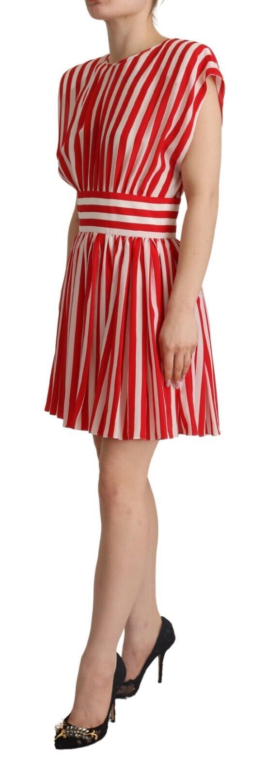 Robe trapèze courte en soie à rayures rouges et blanches Dolce & Gabbana