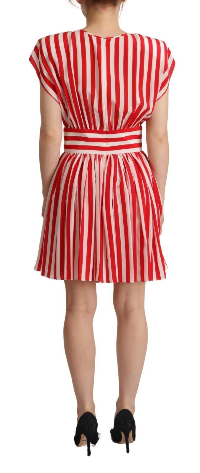 Robe trapèze courte en soie à rayures rouges et blanches Dolce & Gabbana