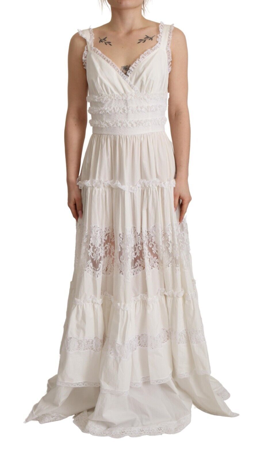 Robe longue trapèze étagée en coton blanc Dolce & Gabbana
