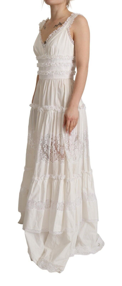 Robe longue trapèze étagée en coton blanc Dolce & Gabbana